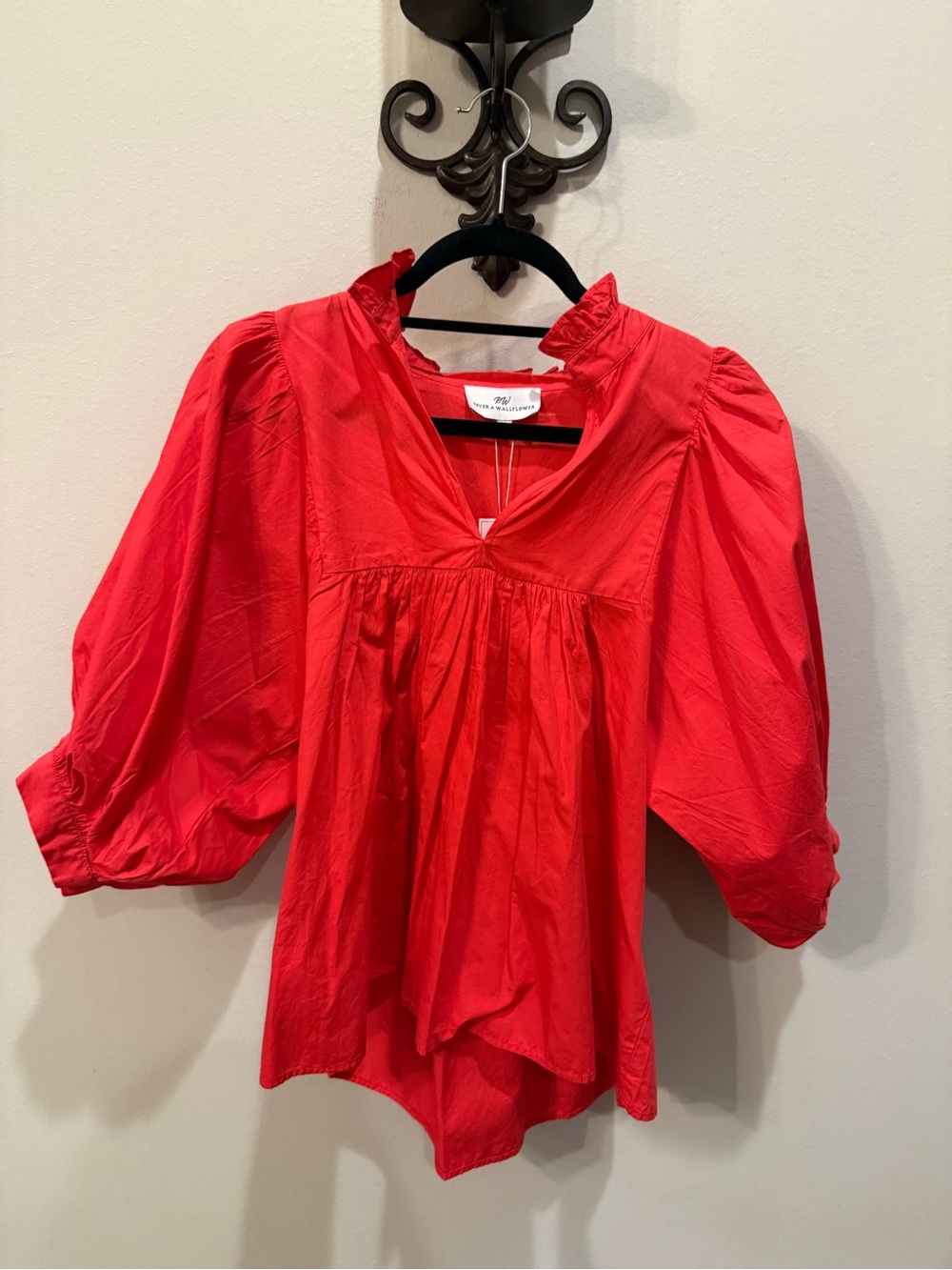 Never a Wallflower Red Puff-Sleeve Blouse with Ruffled Neckline